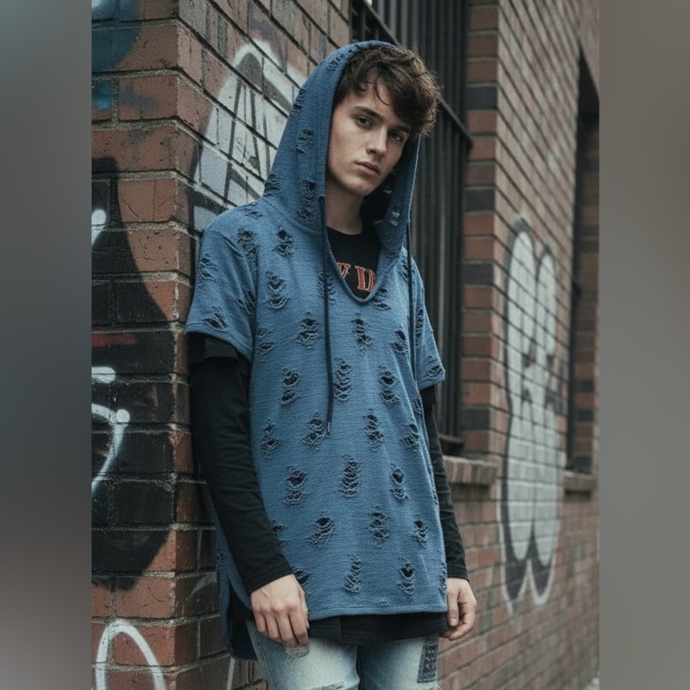 Becker & Mercer Mens Navy Blue Thrashed Distressed Hooded T Shirt Sz L Grunge